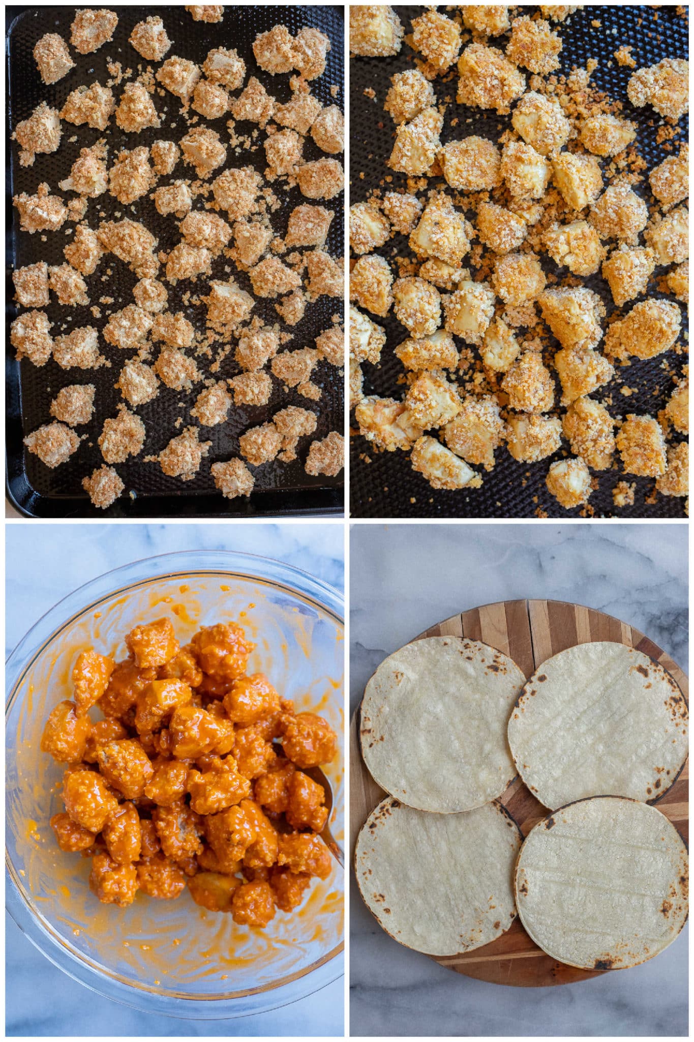 showing how to make crispy buffalo tofu tacos