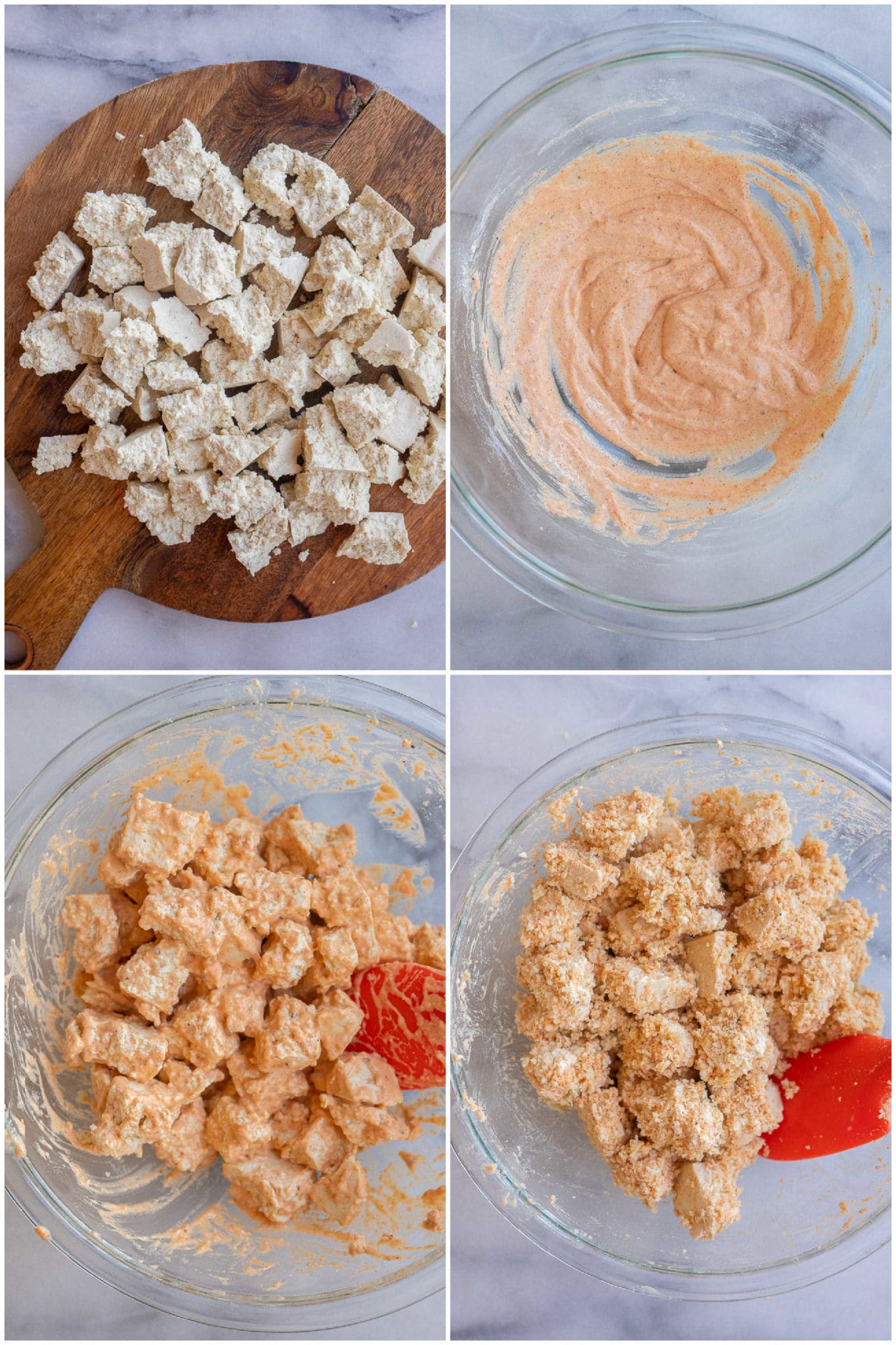 showing how to make crispy buffalo tofu bites