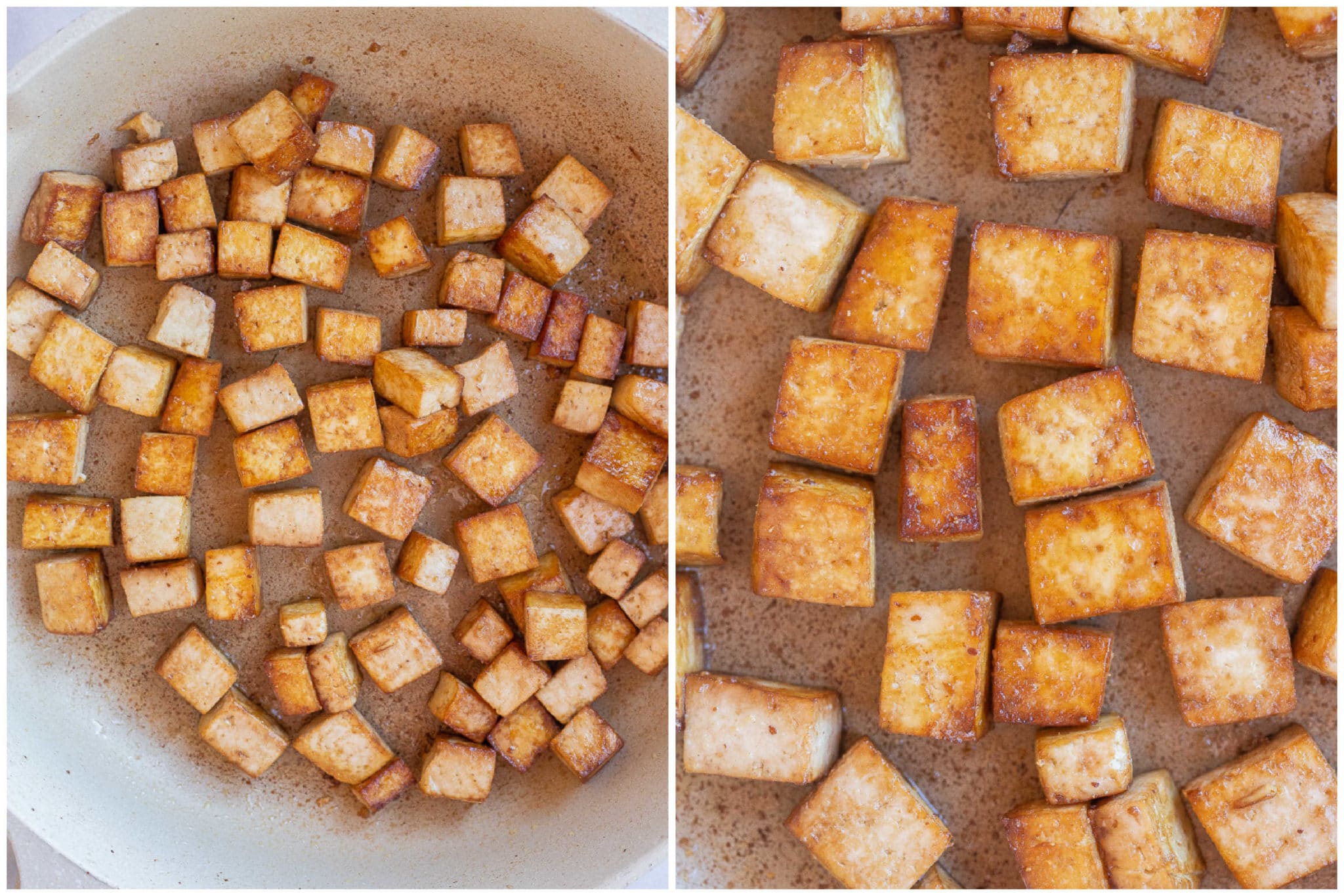 golden brown pan fried tofu in a skillet