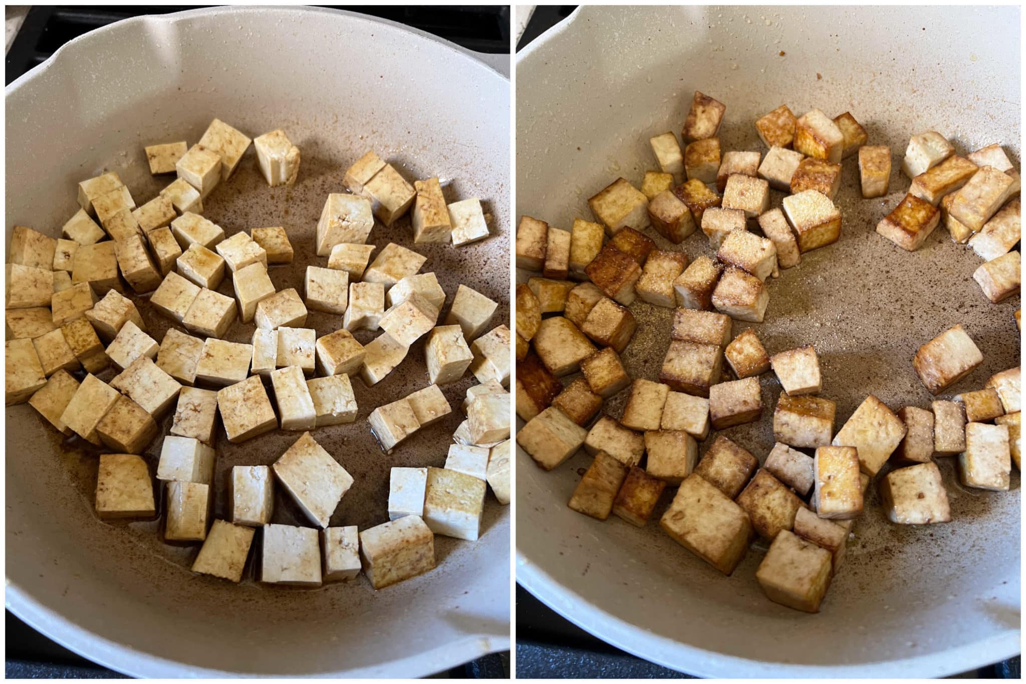 easy tofu recipe being seasoned in a pan with soy sauce and granulated garlic