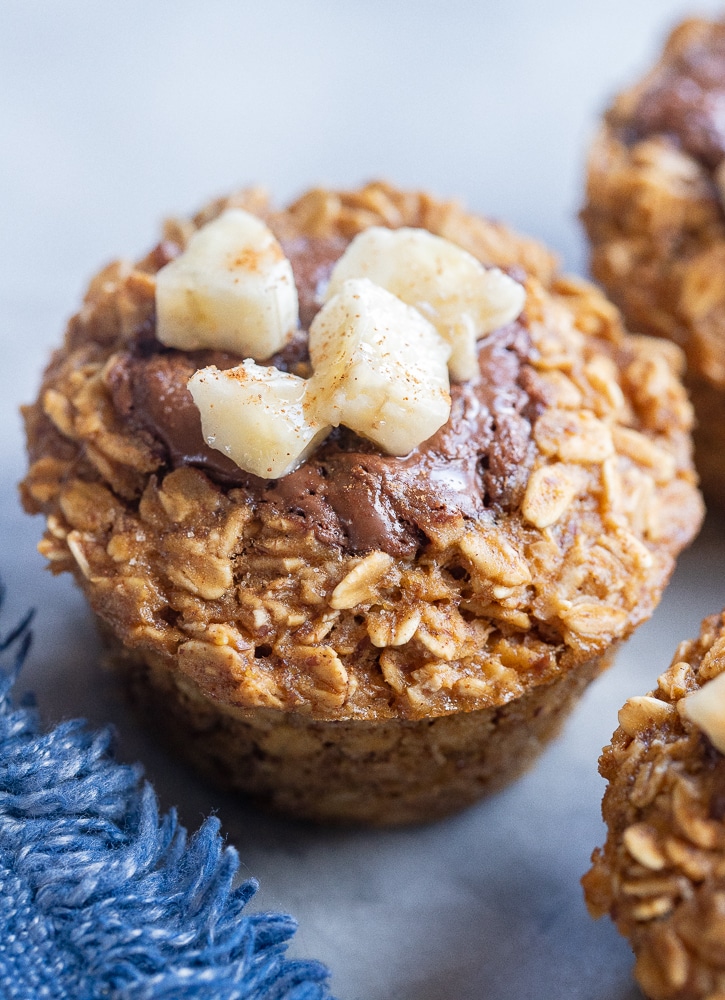 close up of a nutella banana baked oatmeal muffin
