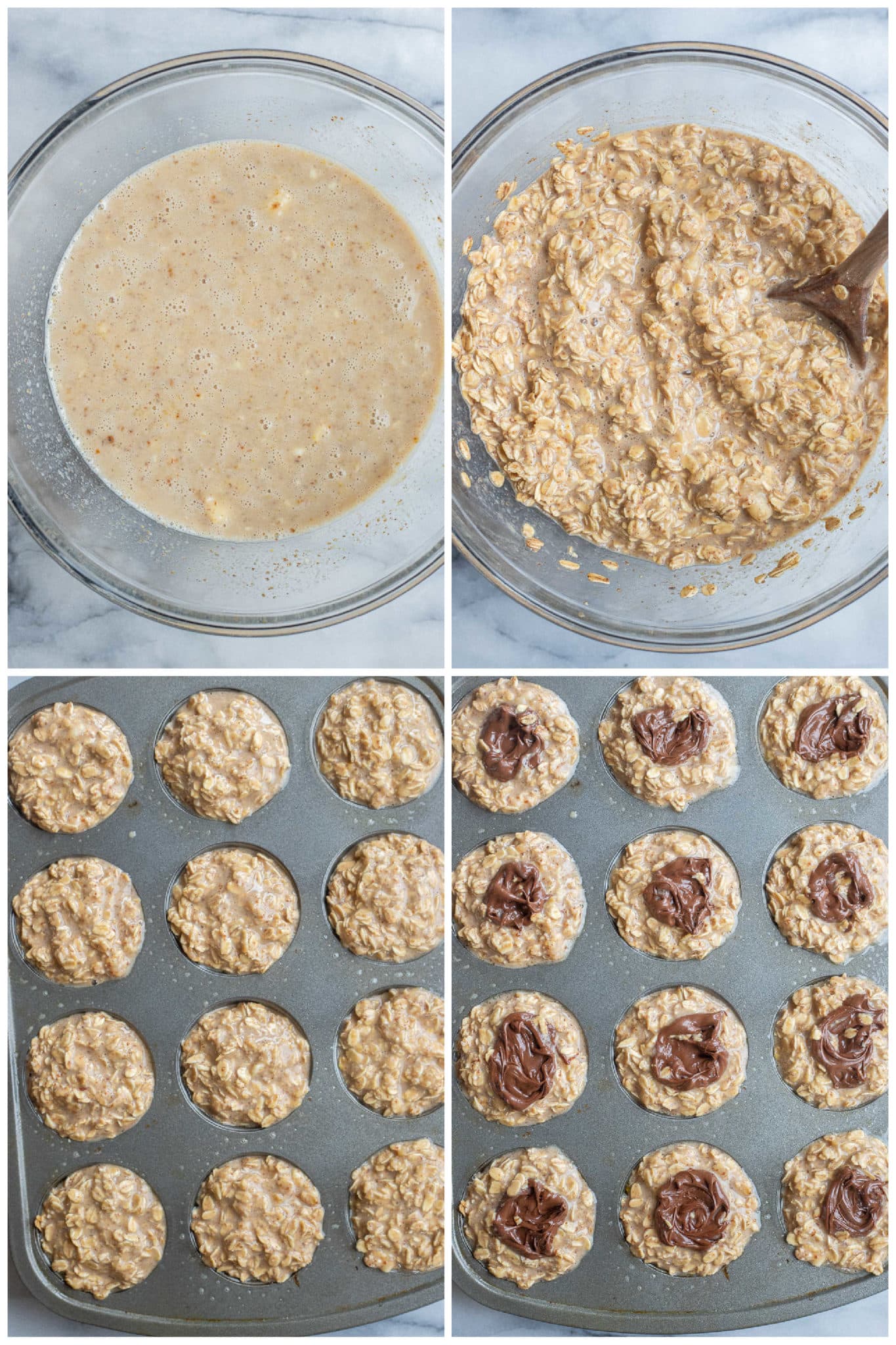 banana oatmeal cup batter being mixed together and put into a muffin tin
