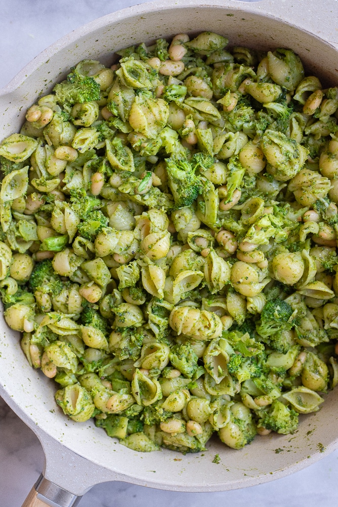 pesto pasta that has been finished in a pan