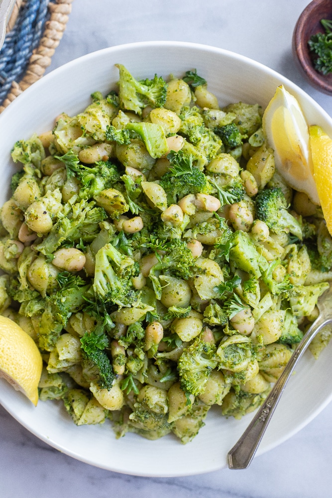 Pesto Pasta with Broccoli and White Beans