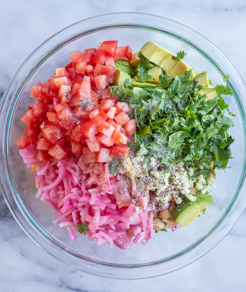 all the ingredients needed to make this pickled onion avocado salad
