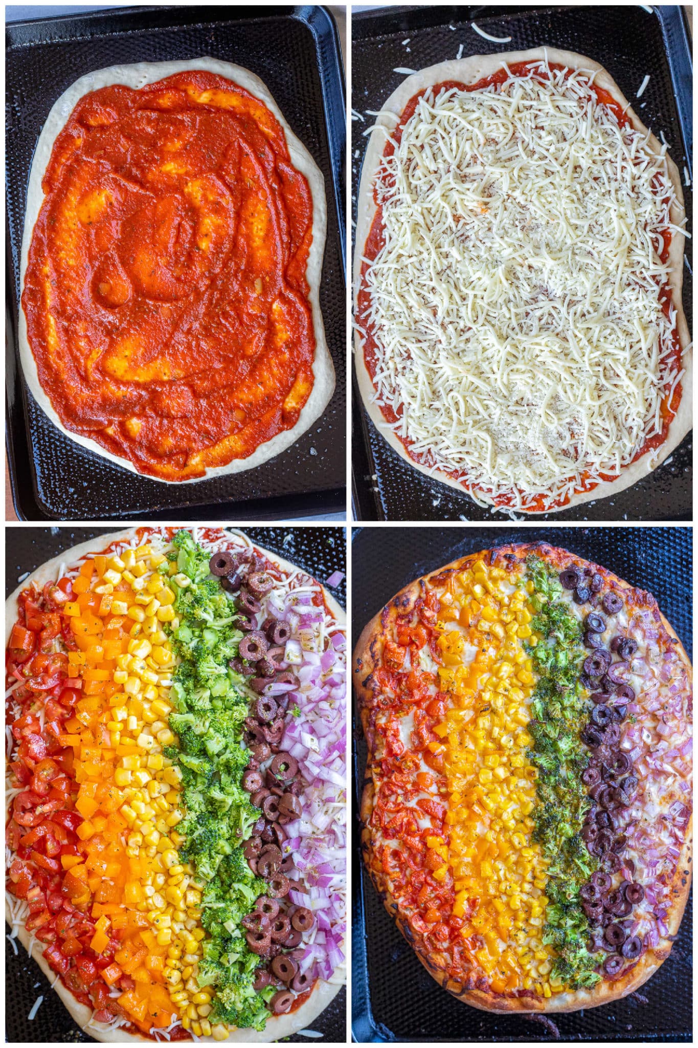 showing how to make this kid friendly rainbow veggie pizza recipe
