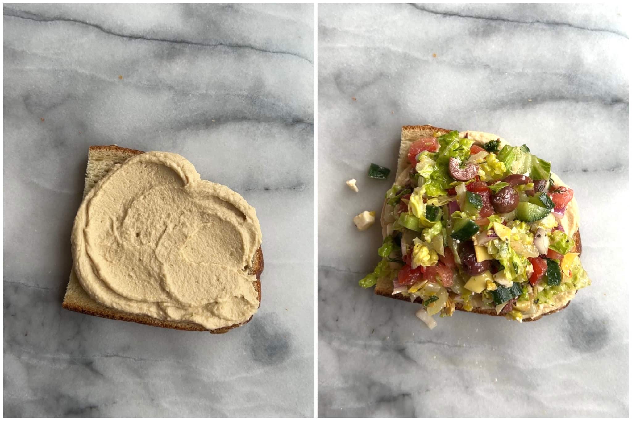 making greek salad sandwiches with hummus