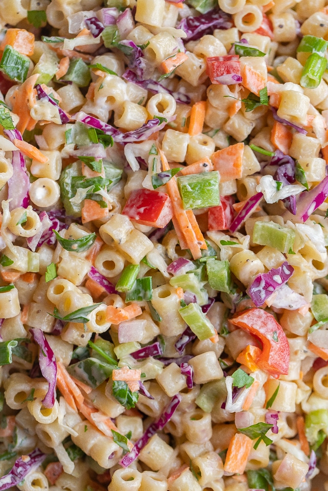 close up photo of macaroni coleslaw salad recipe