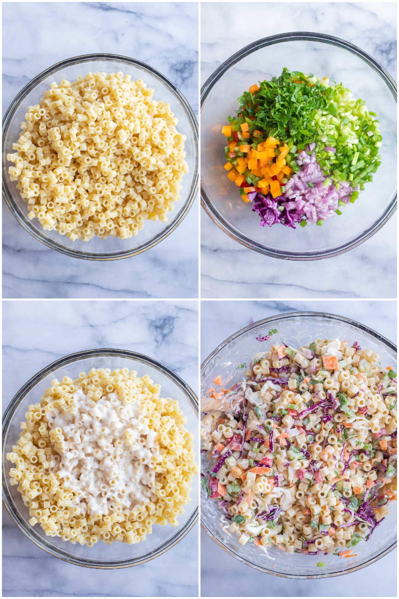 showing how to make this easy macaroni salad with veggies
