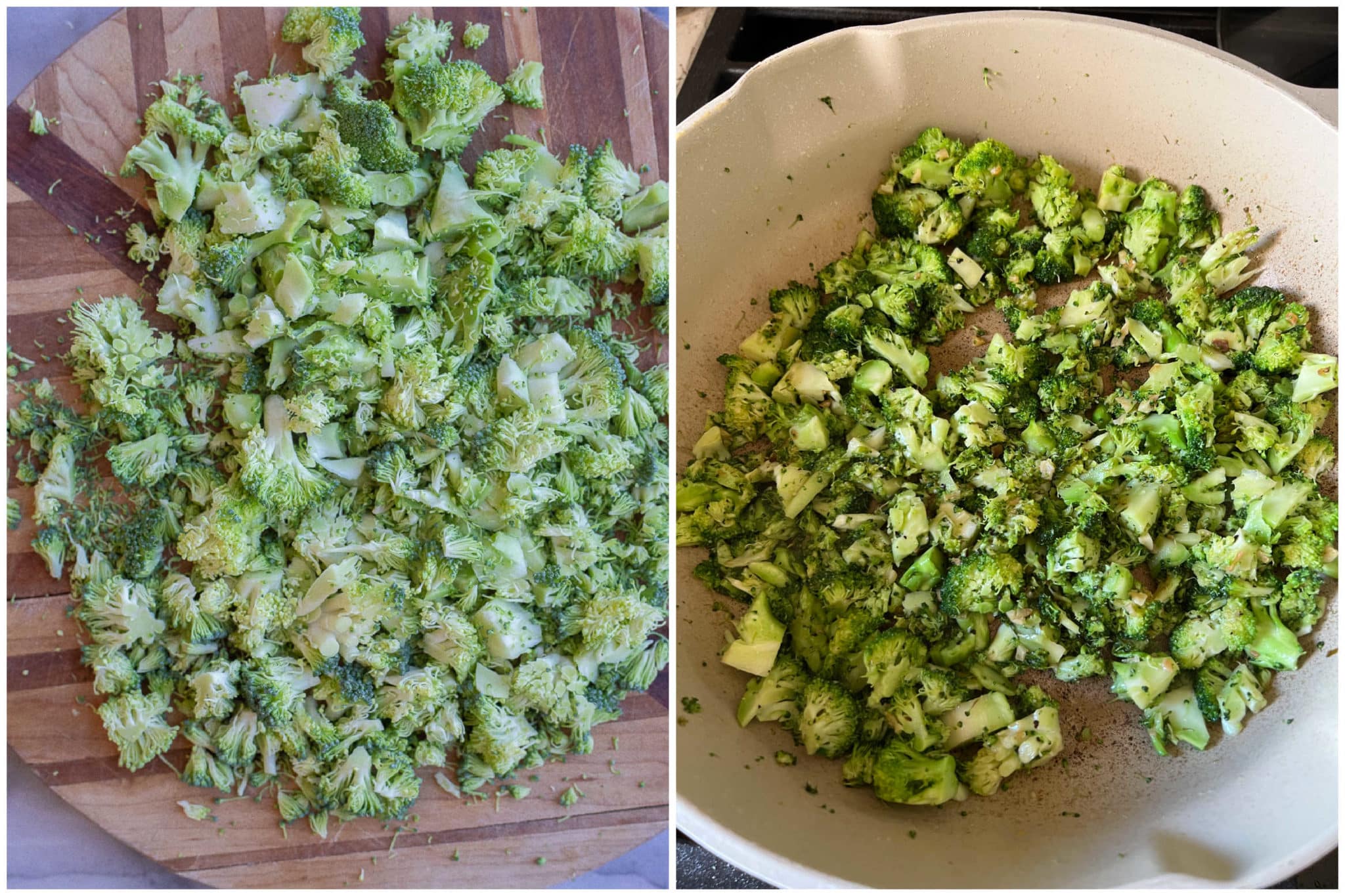 chopped broccoli before and after it has been cooked