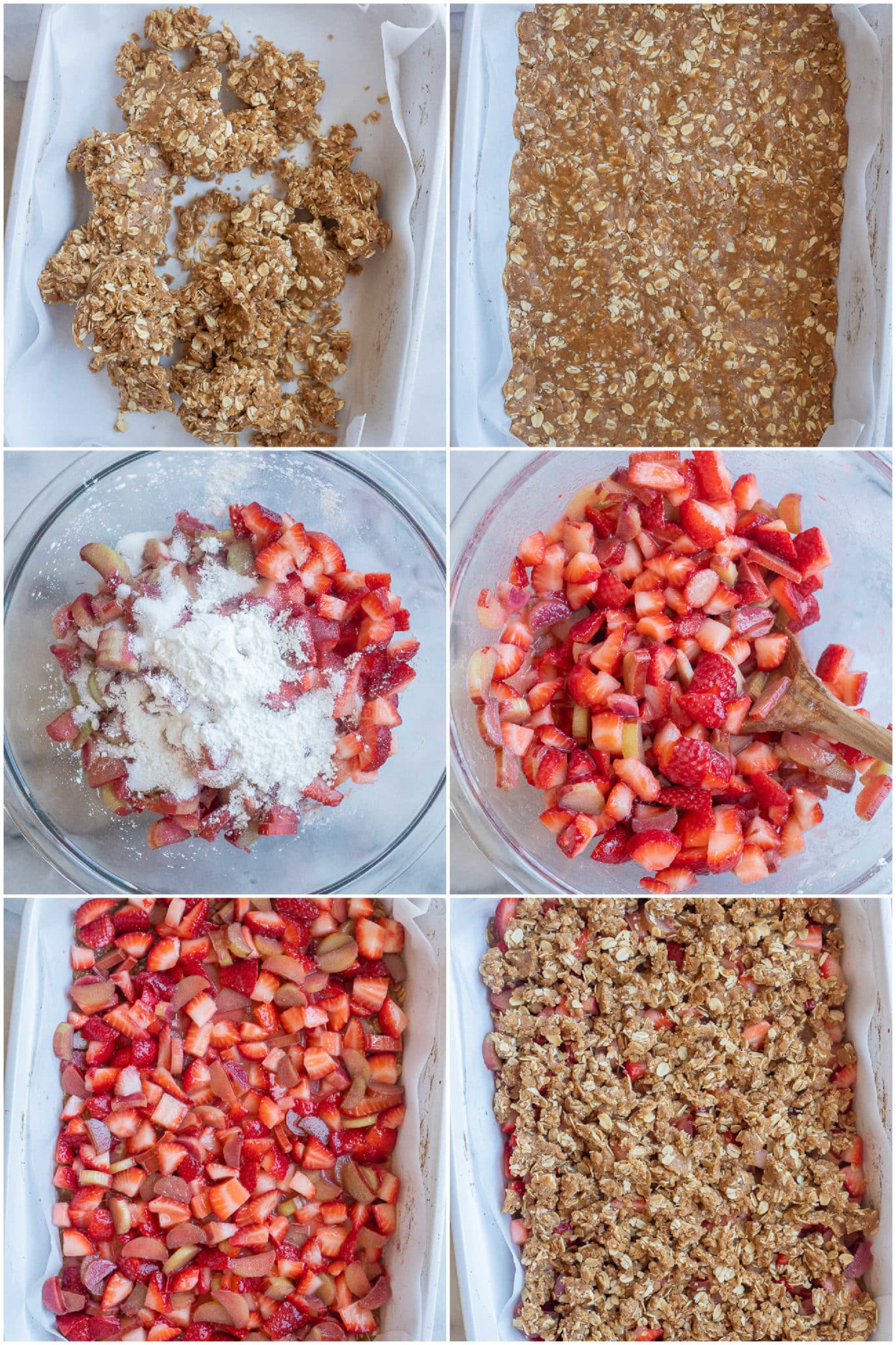 showing step by step how to make these vegan strawberry rhubarb crumb bars