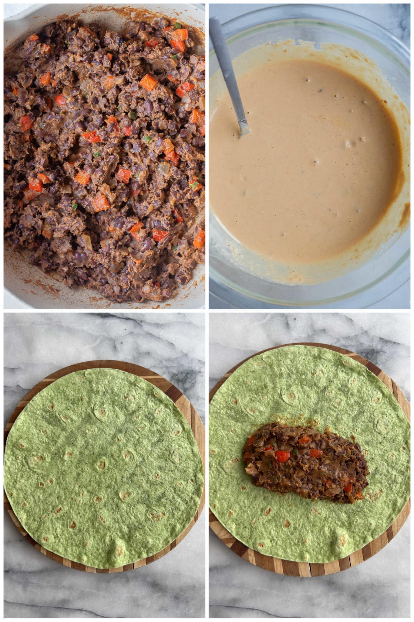 showing how to make easy vegan black bean wraps with a chipotle tahini sauce