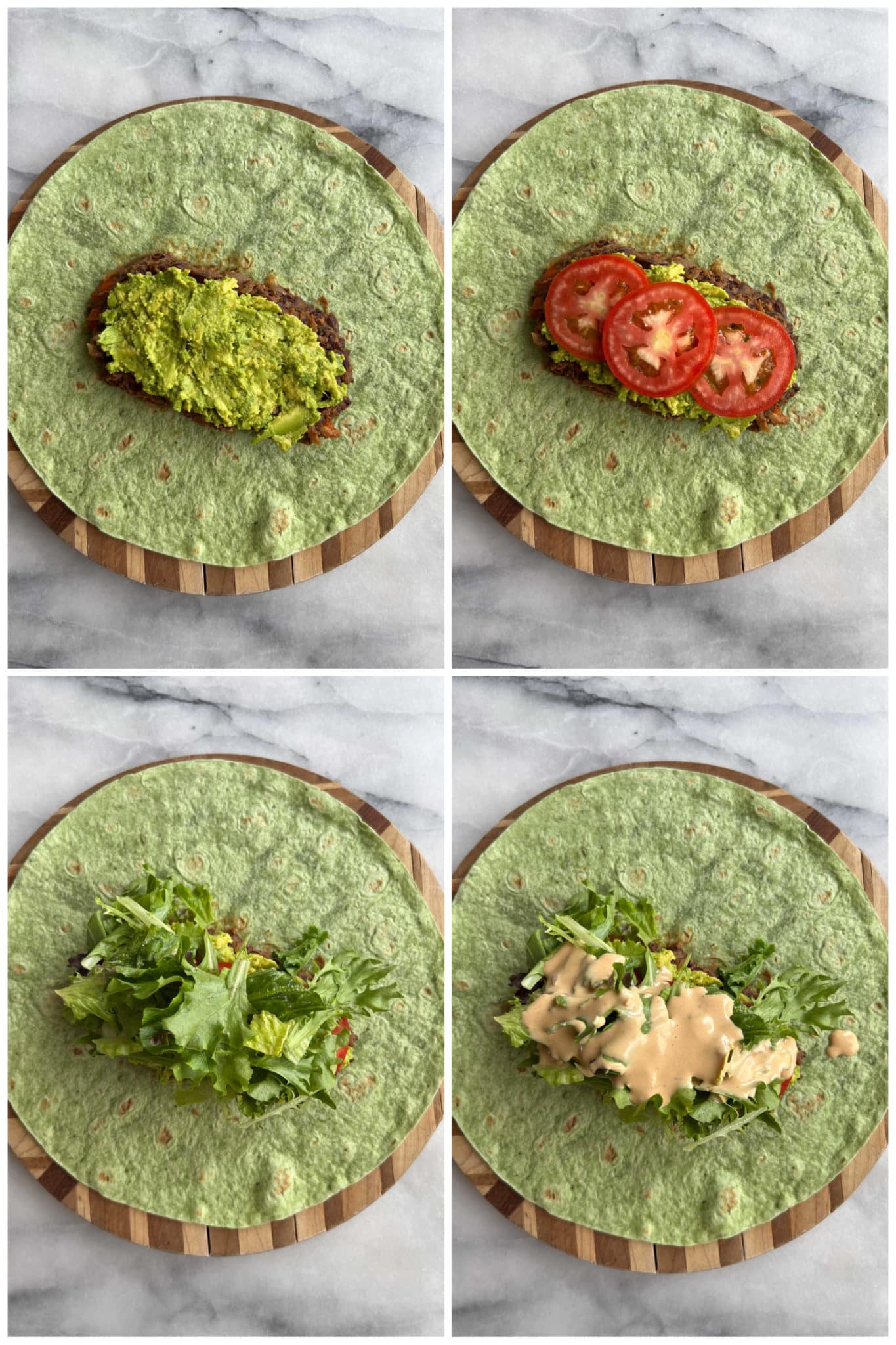step by step photos of someone making a black bean wrap with avocado, tomato and lettuce