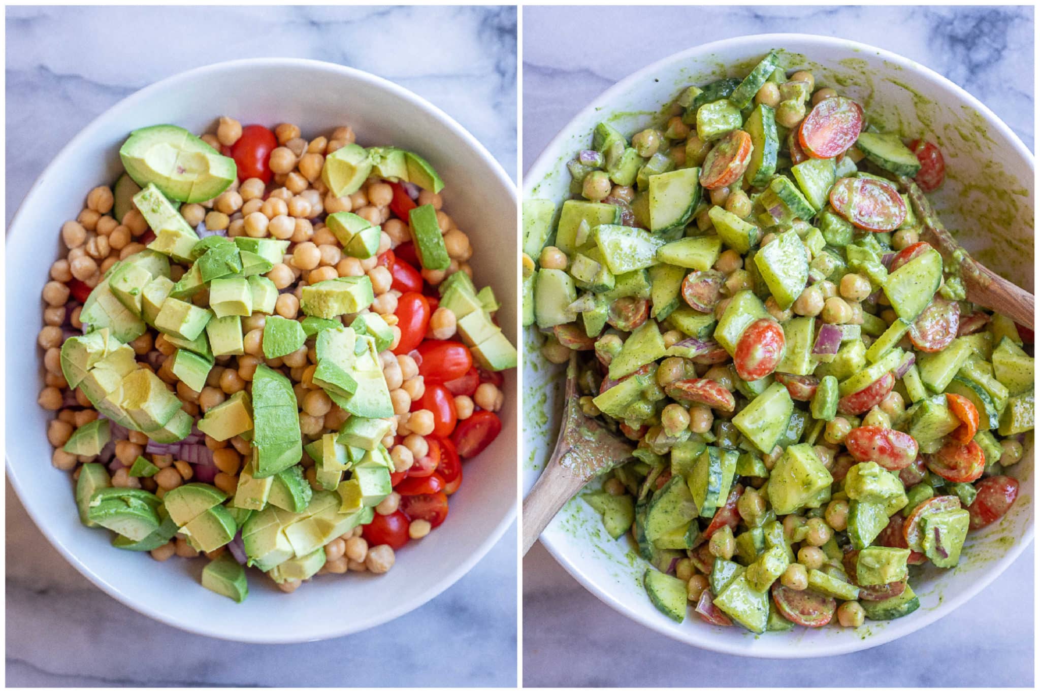 avocado cucumber tomato salad before and after it's been mixed with the dressing