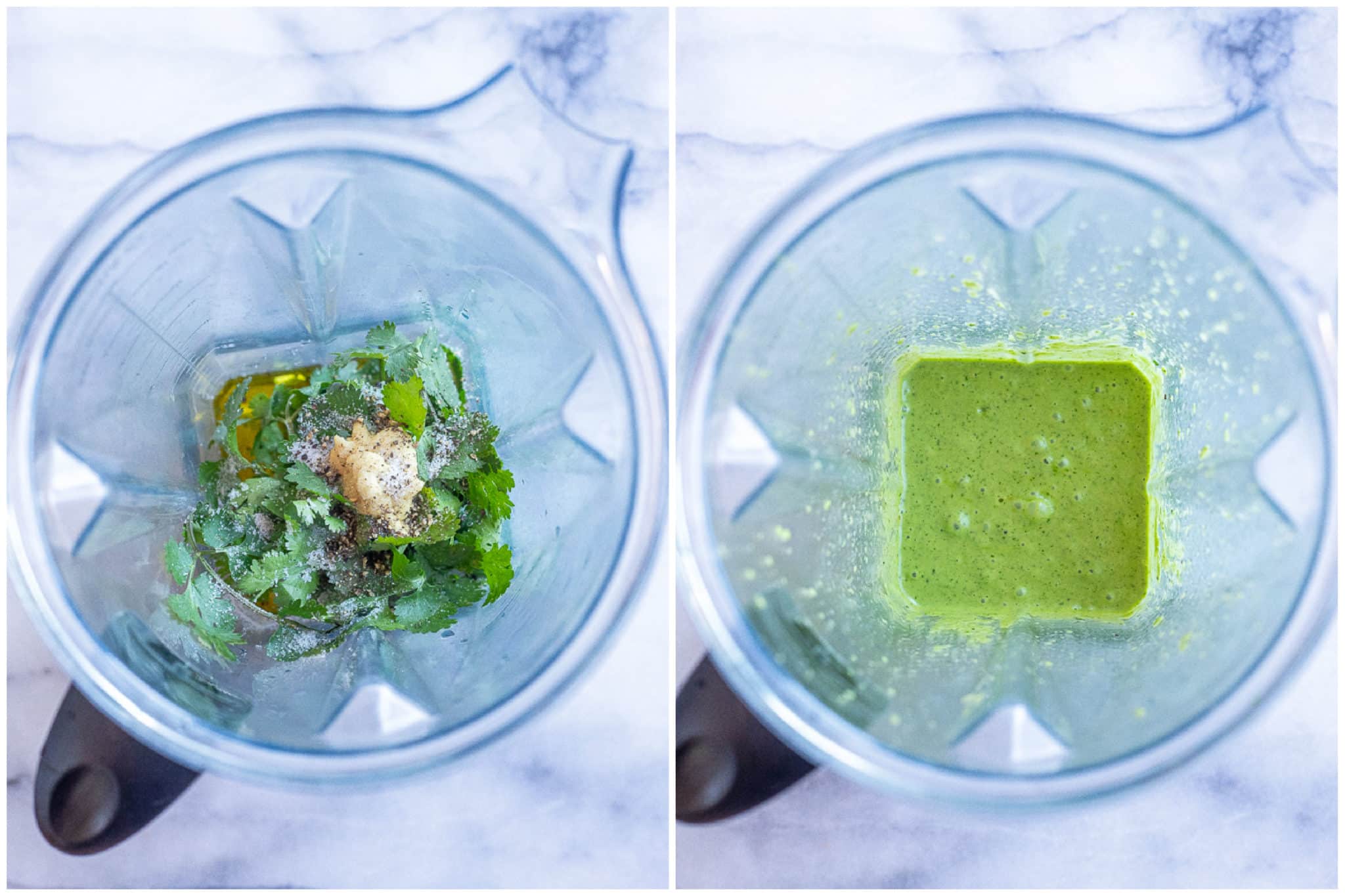 showing how to make the cilantro lime salad dressing in a blender