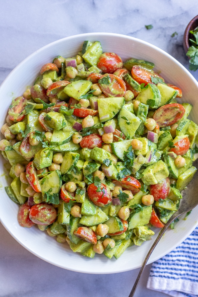 image of Cilantro Lime Avocado Cucumber Salad With Tomatoes recipe by She Likes Food