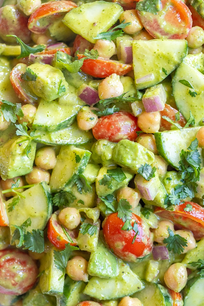 close up of creamy cilantro lime cucumber avocado salad