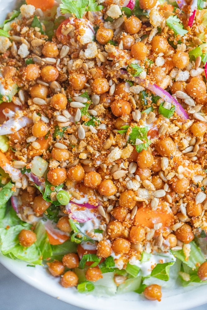 close up of crunchy ranch salad with crispy quinoa