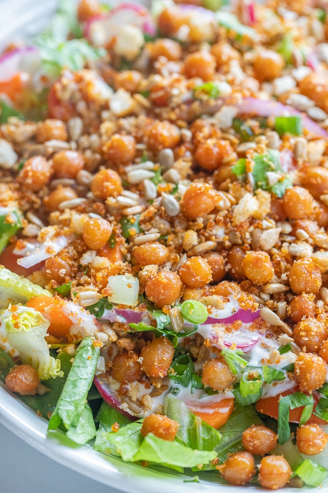 close up of crunchy ranch salad with crispy chickpeas in a bowl
