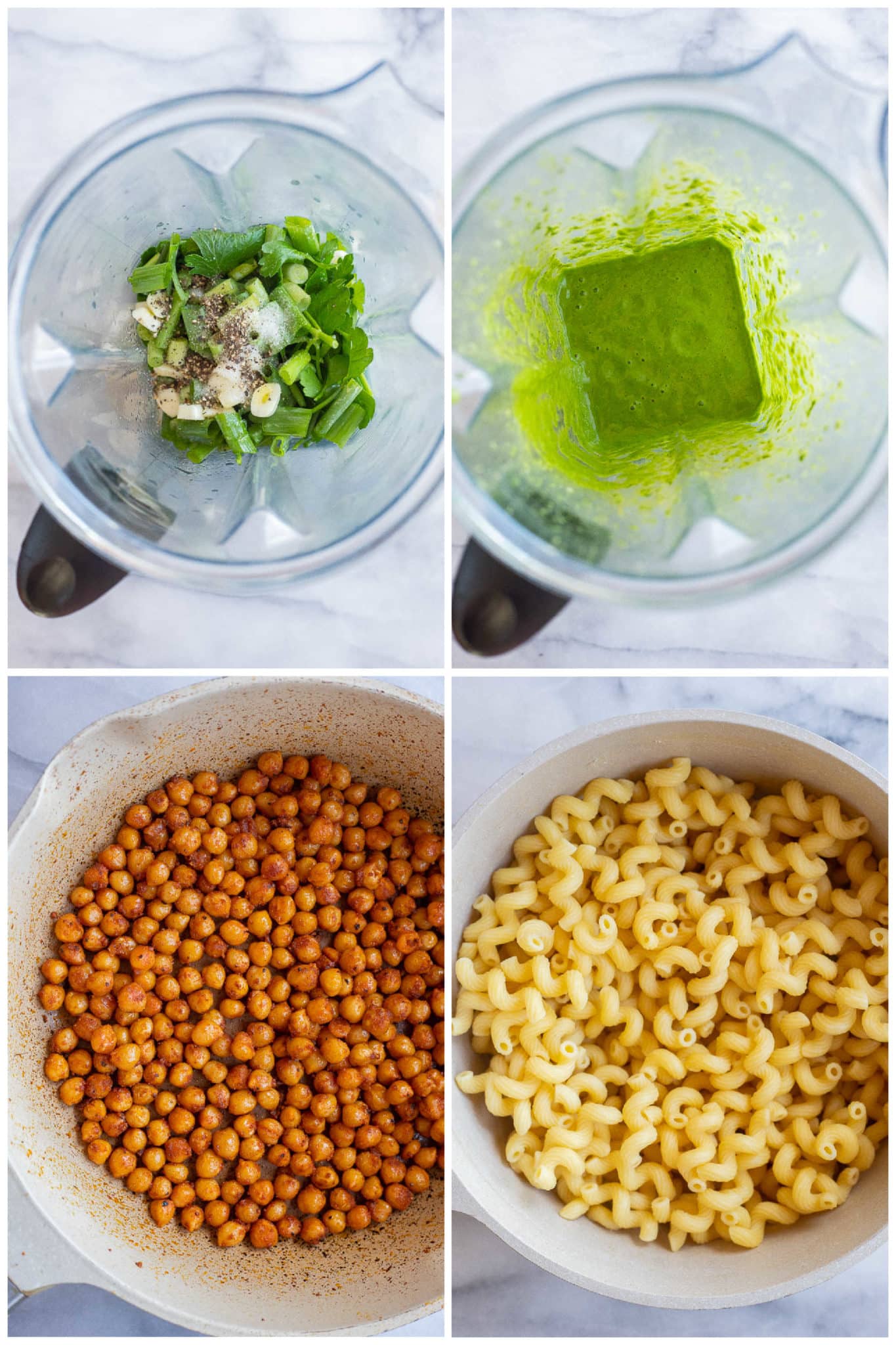 showing how to make the herby lemon jalapeno dressing, crispy chickpeas and pasta
