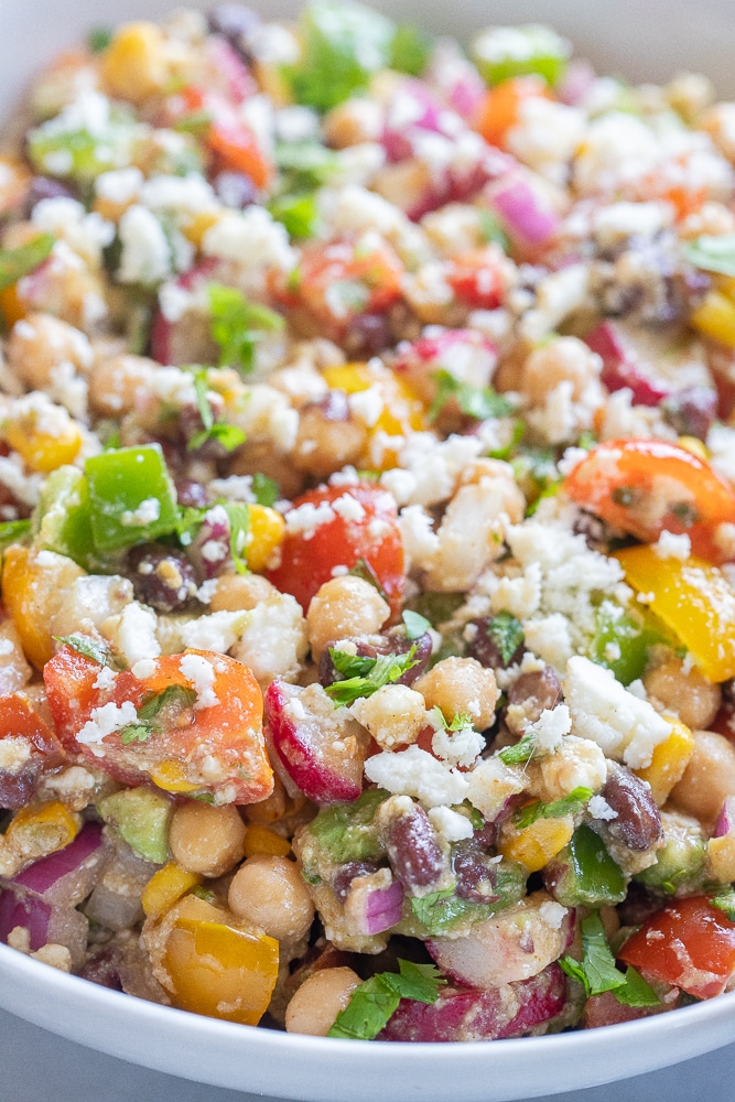 close up of black bean and chickpea salad