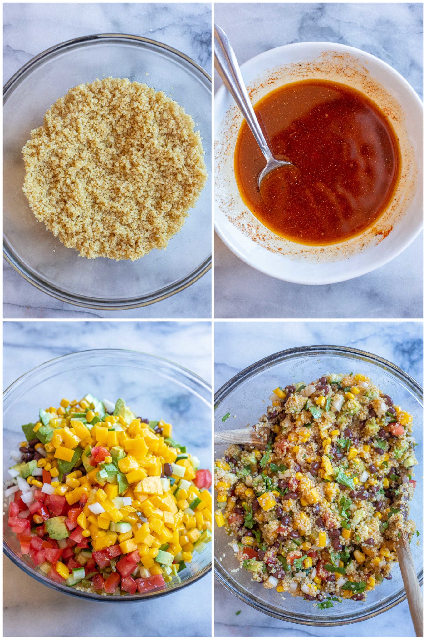 showing how to make a black bean quinoa salad with lots of vegetables and dressing