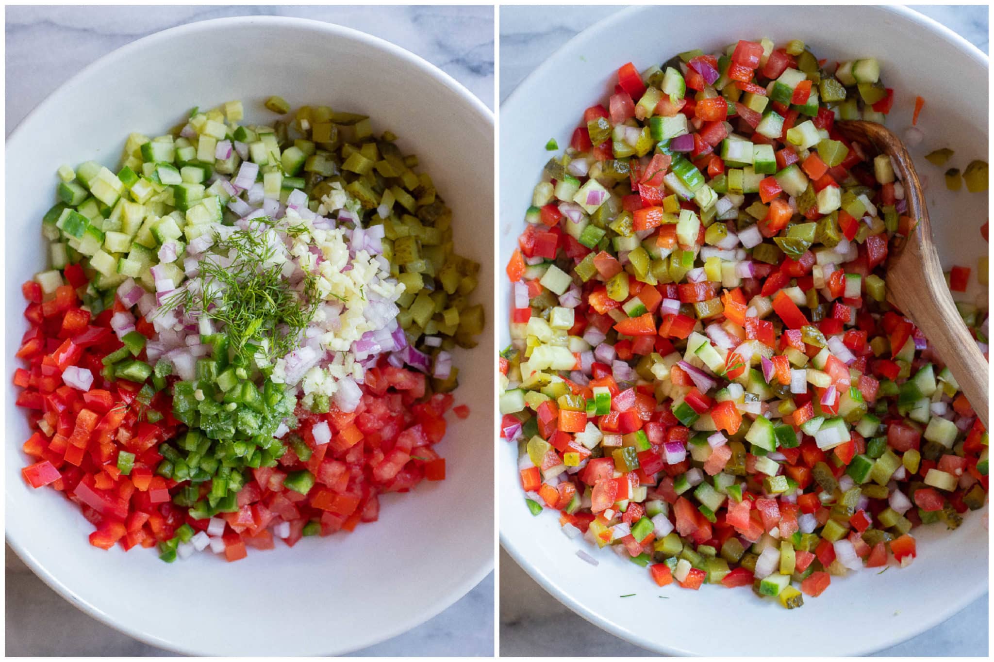 showing how to make the best pickle de Gallo recipe with all the ingredients mixed together in a bowl