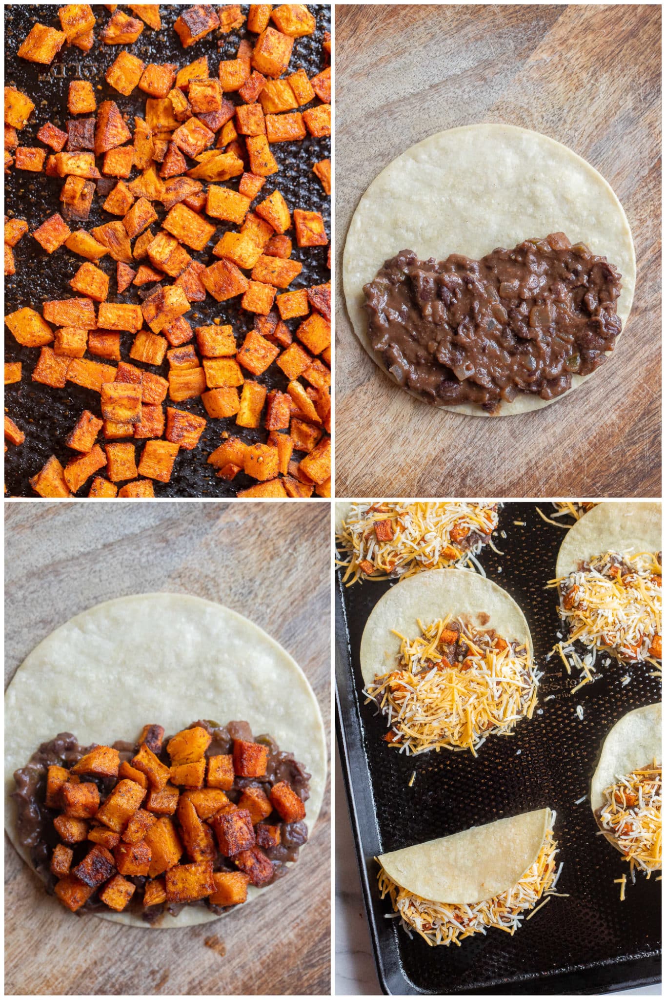 showing how to make sweet potato and black bean tacos with roasted sweet potatoes