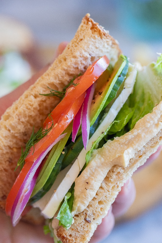 a hand holding a Mediterranean hummus sandwich with veggies