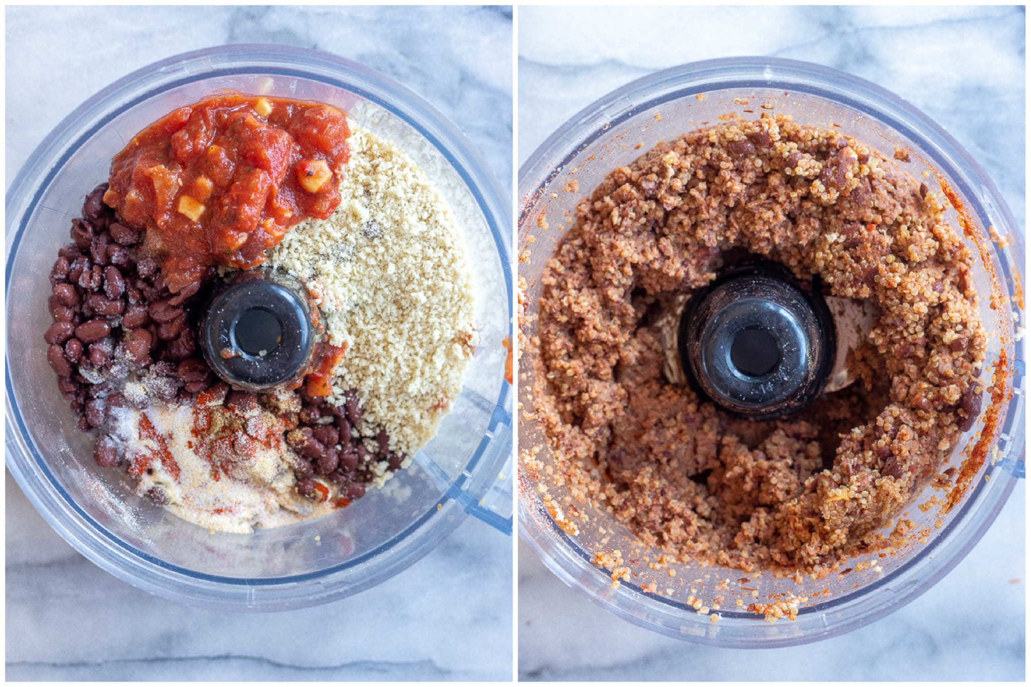 showing how to make a black bean and quinoa veggie burger in the food processor