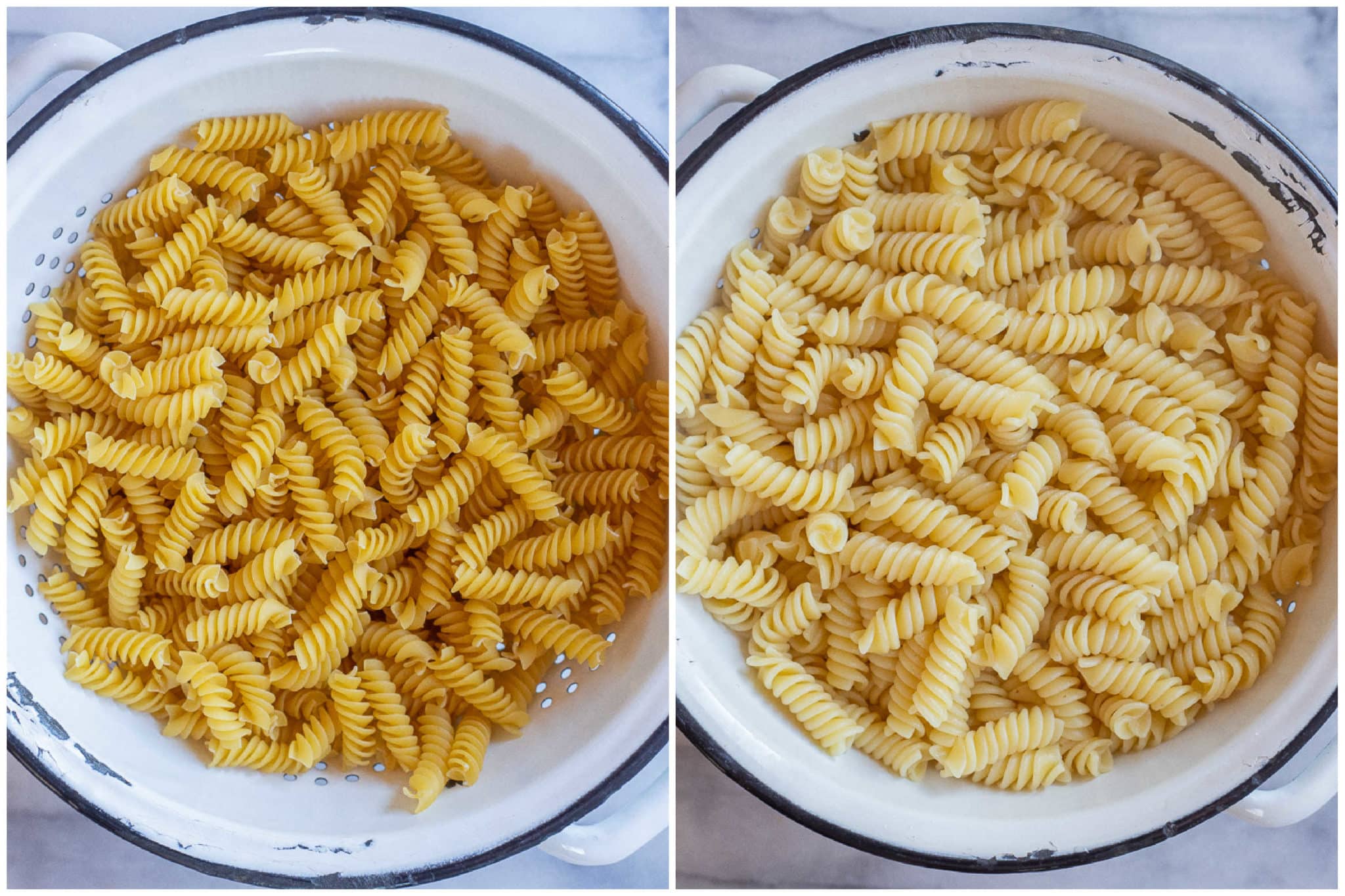 rotini noodles before and after being cooked