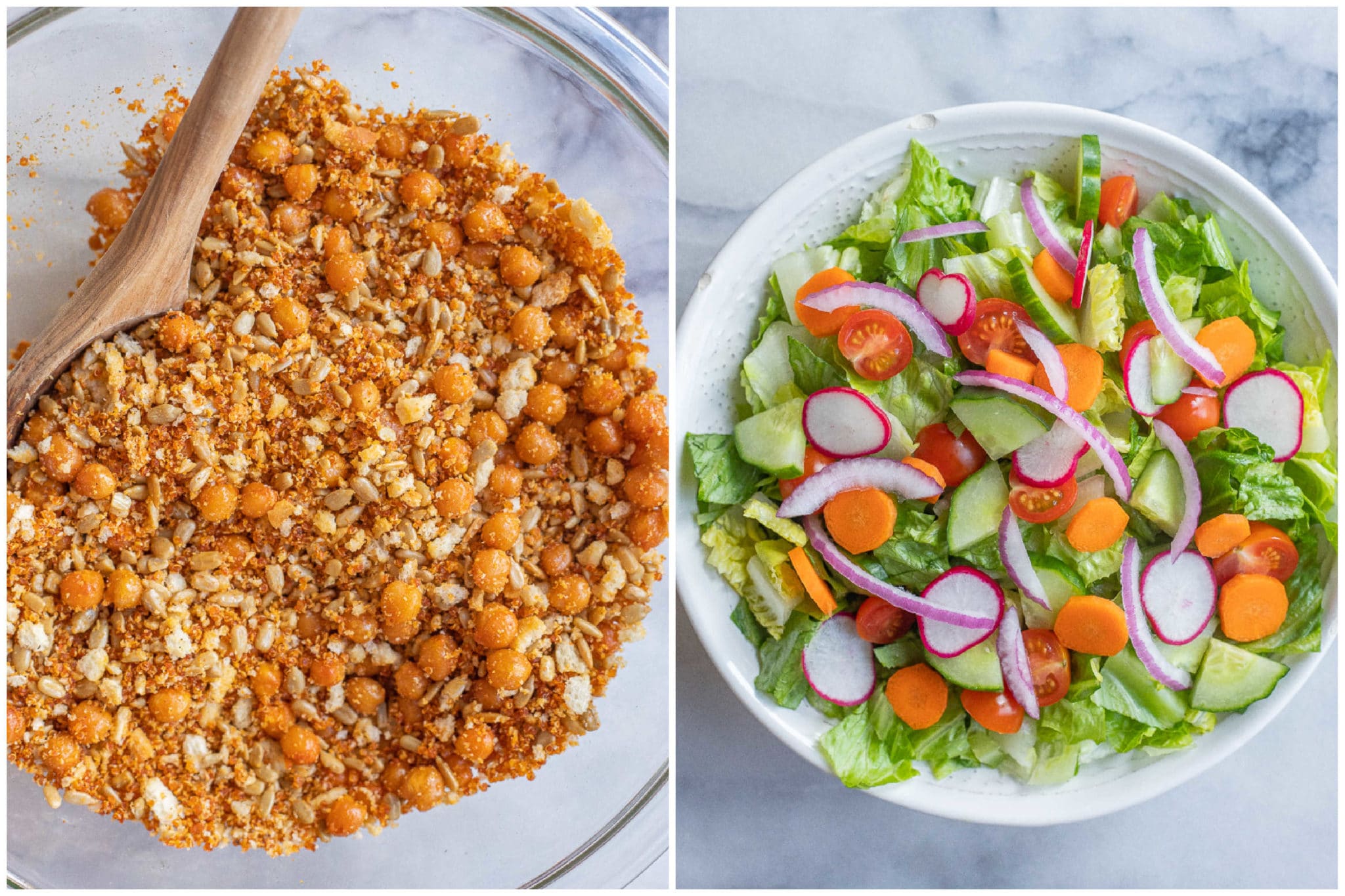 crunchy topping mixture with romaine lettuce mixed with vegetables