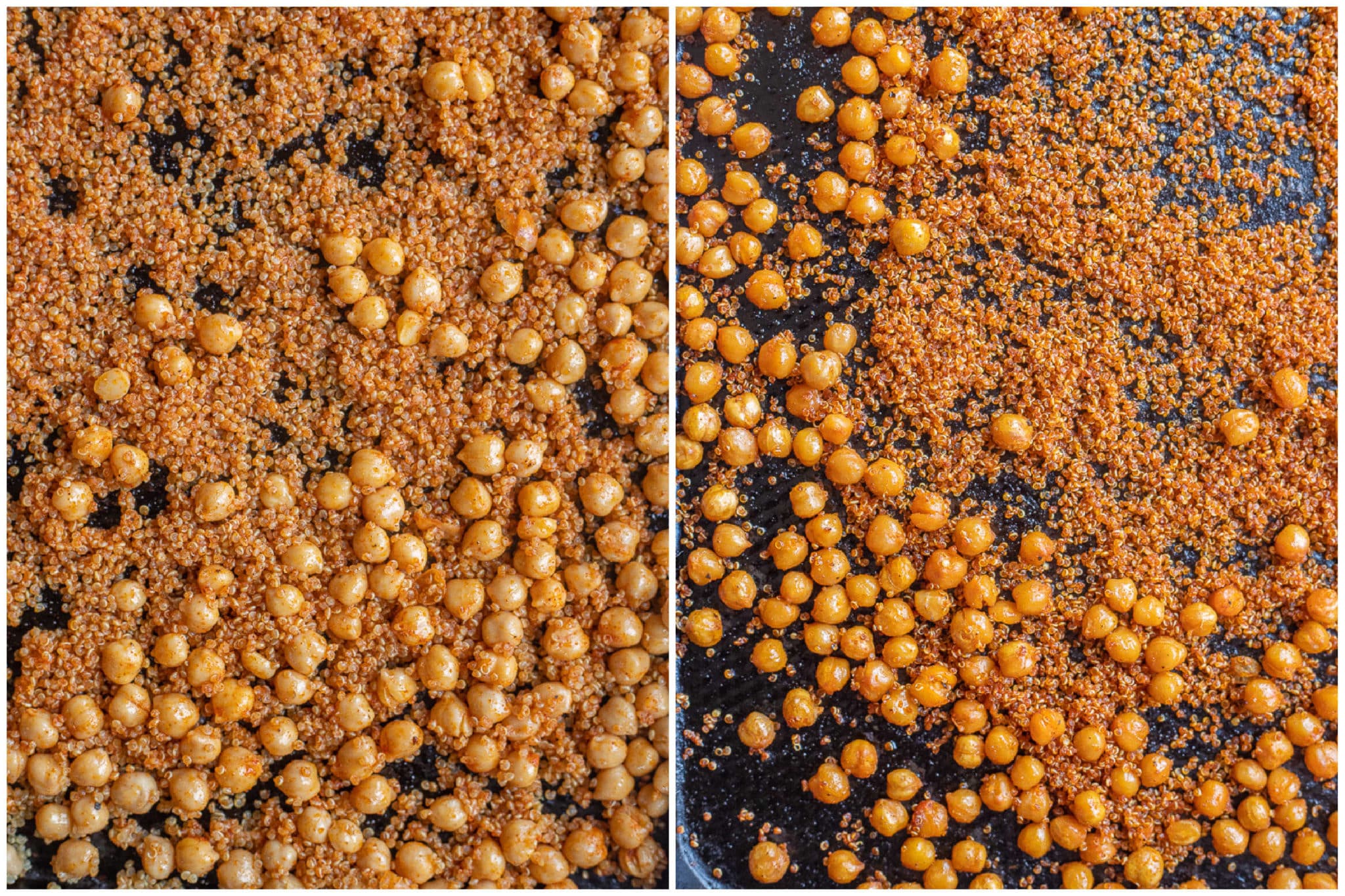 roasted quinoa and chickpeas before and after being in the oven