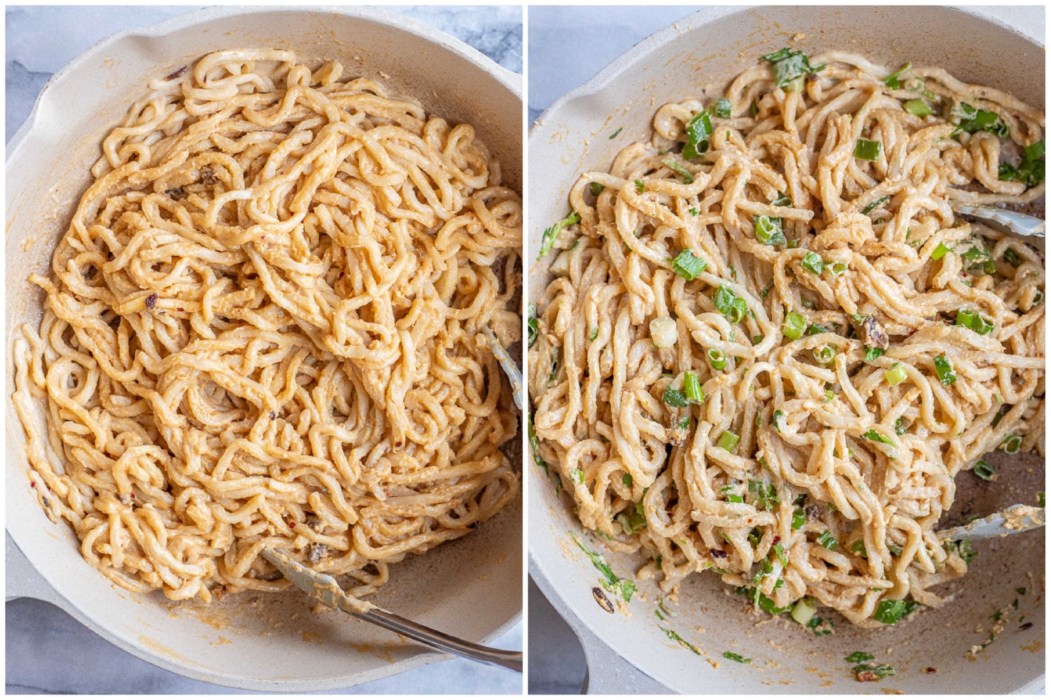 tahini noodles mixed together in a skillet with fresh herbs