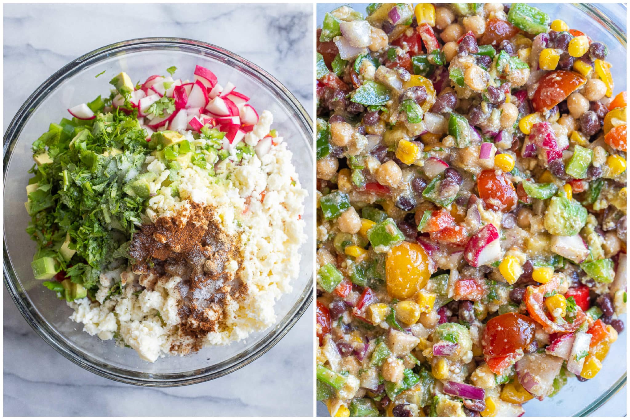 loaded black bean salad with all ingredients mixed together in a bowl