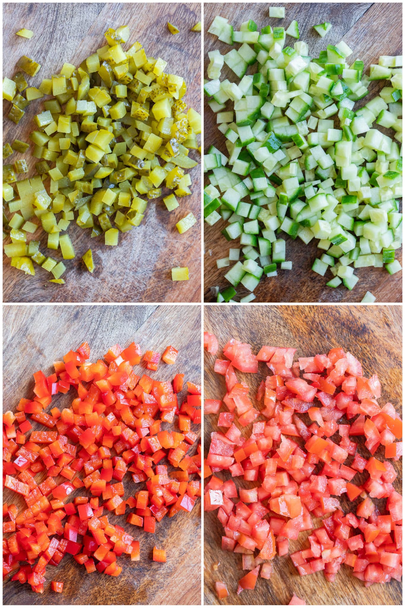 diced pickle, cucumber, red pepper and tomato on cutting boards