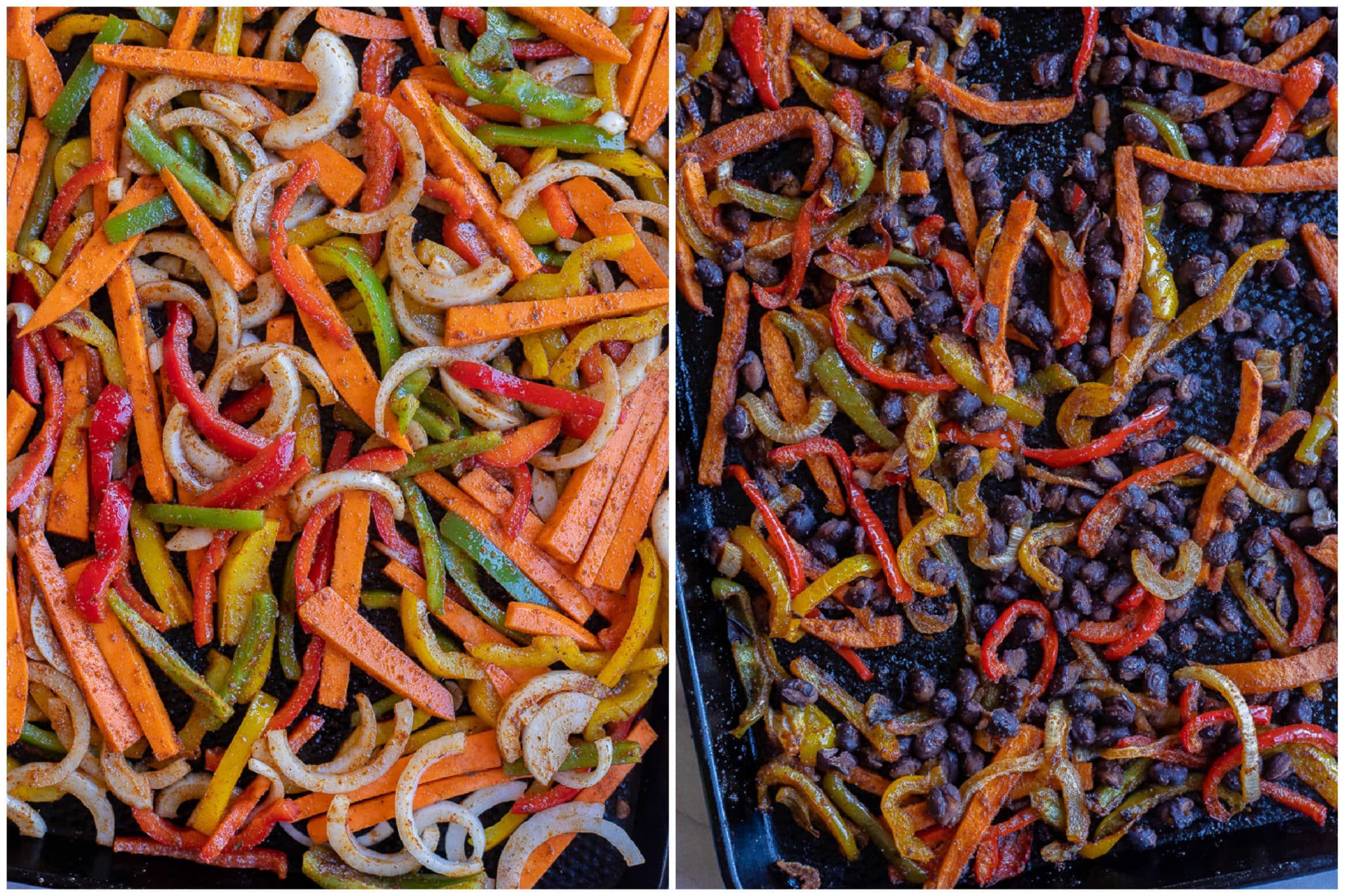 sheet pan fajitas before and after they've been baked in the oven