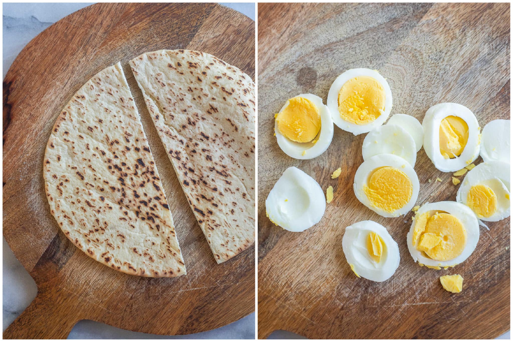 pita bread sliced in half and hard boiled eggs sliced into pieces
