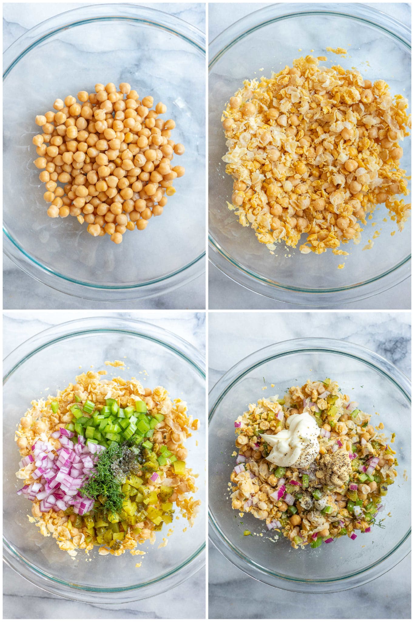showing how to make vegan tuna salad using chickpeas and vegetables