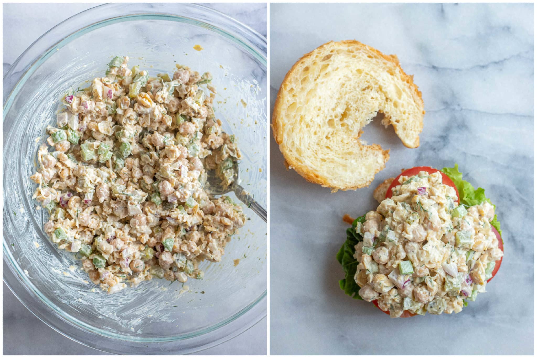 showing how to assemble a vegetarian tuna salad croissant sandwich
