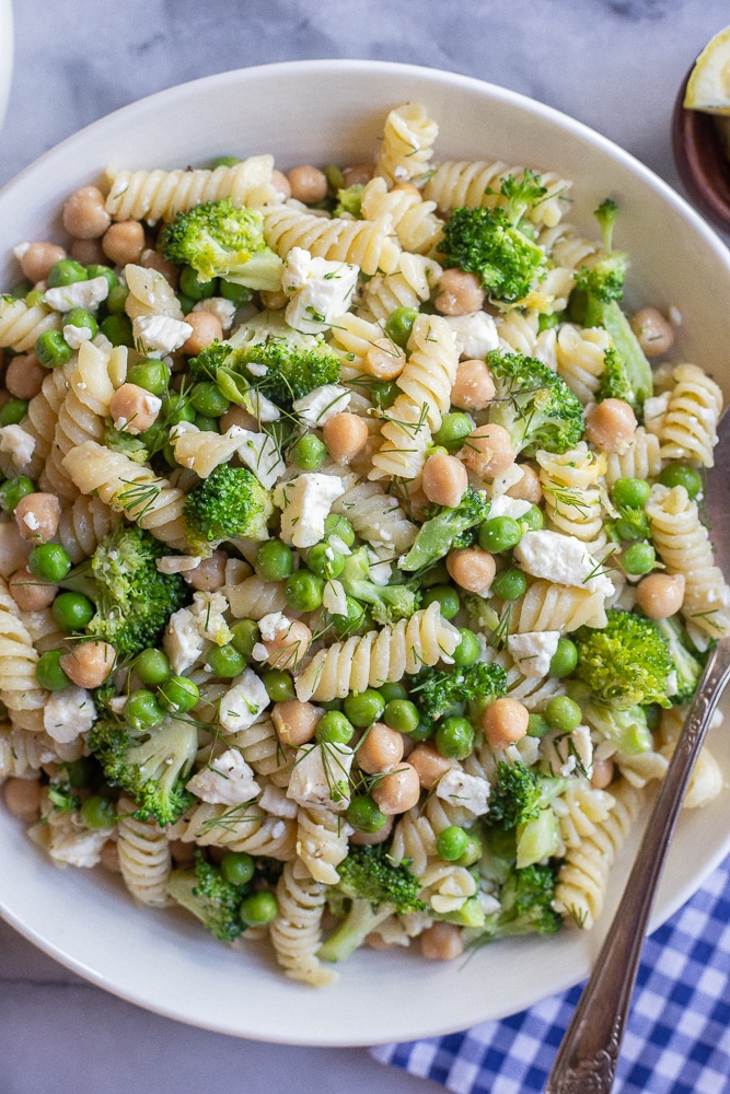 bowl of Lemon Broccoli Pasta Salad with Feta Cheese and chickpeas
