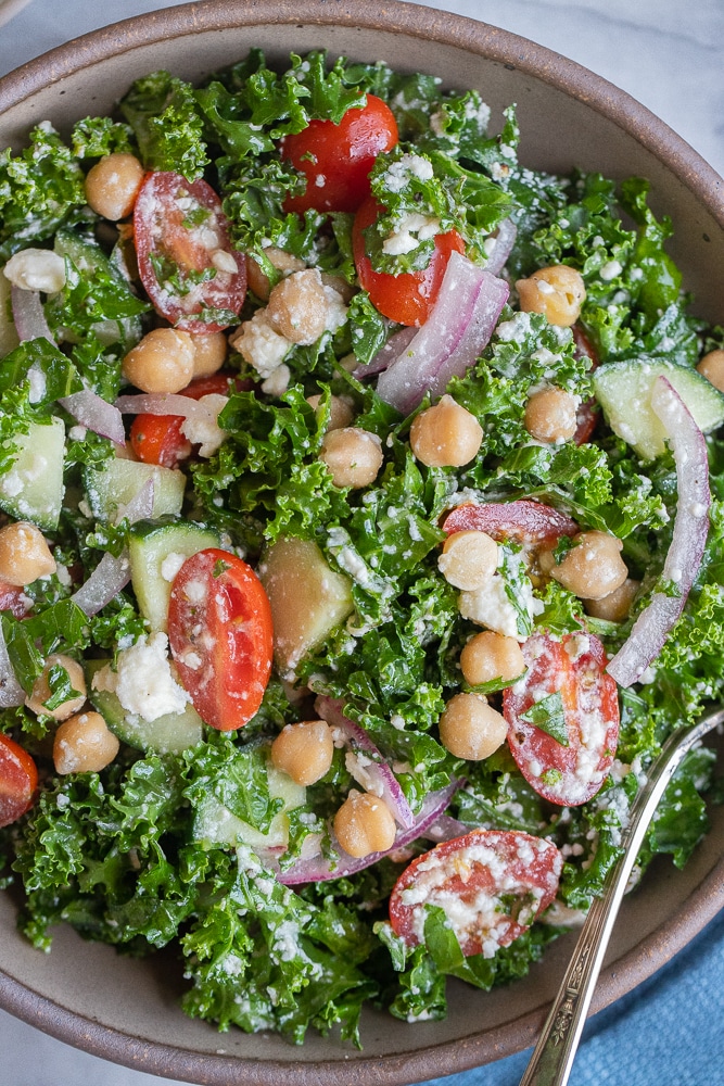 close up of a healthy kale salad recipe in a bowl