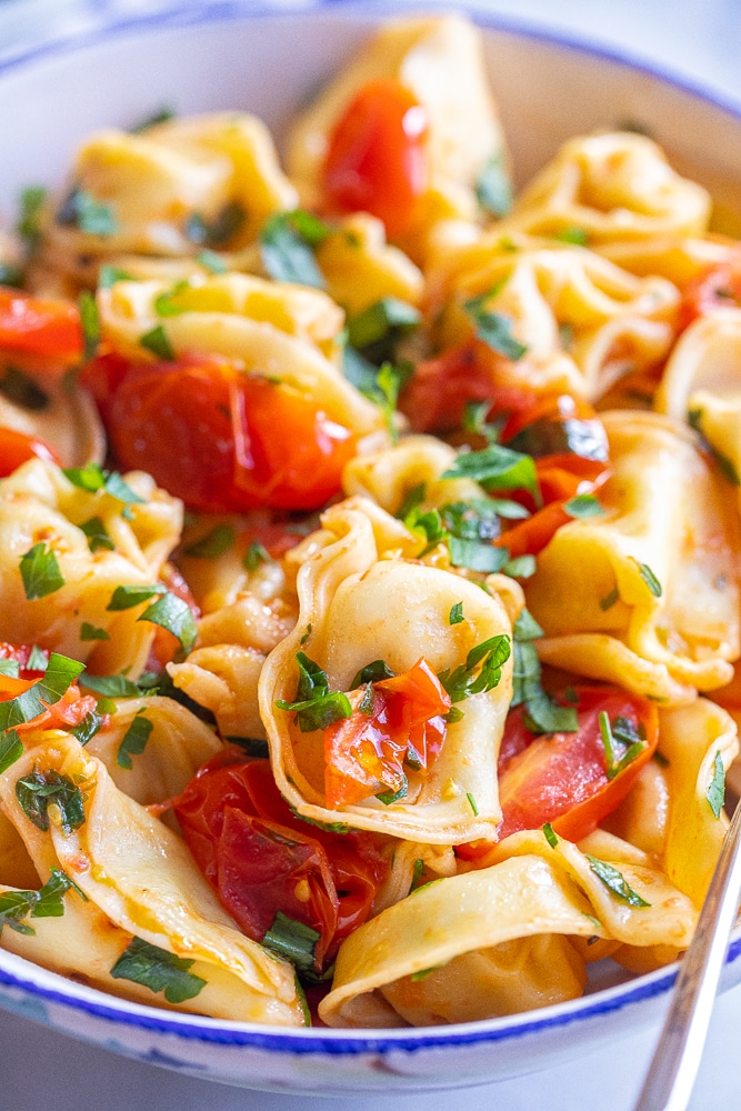 close up of 20 minute cheese tortellini with tomatoes and garlic