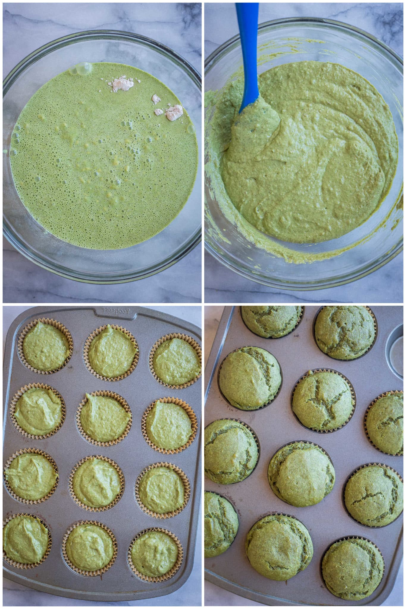 showing how to make green muffins in a muffin tin