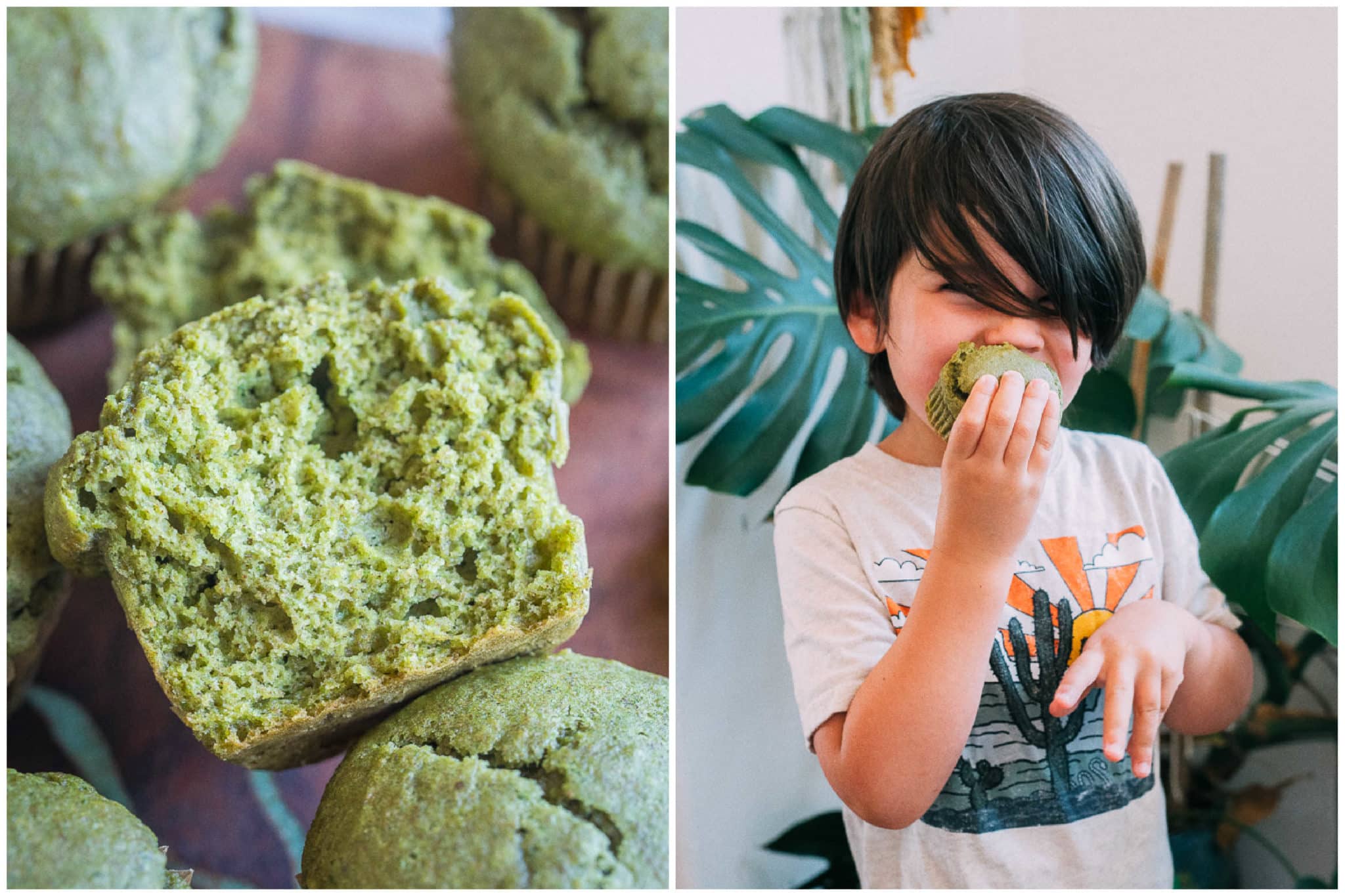 a green muffin torn in half and a child eating a mean green hulk muffin