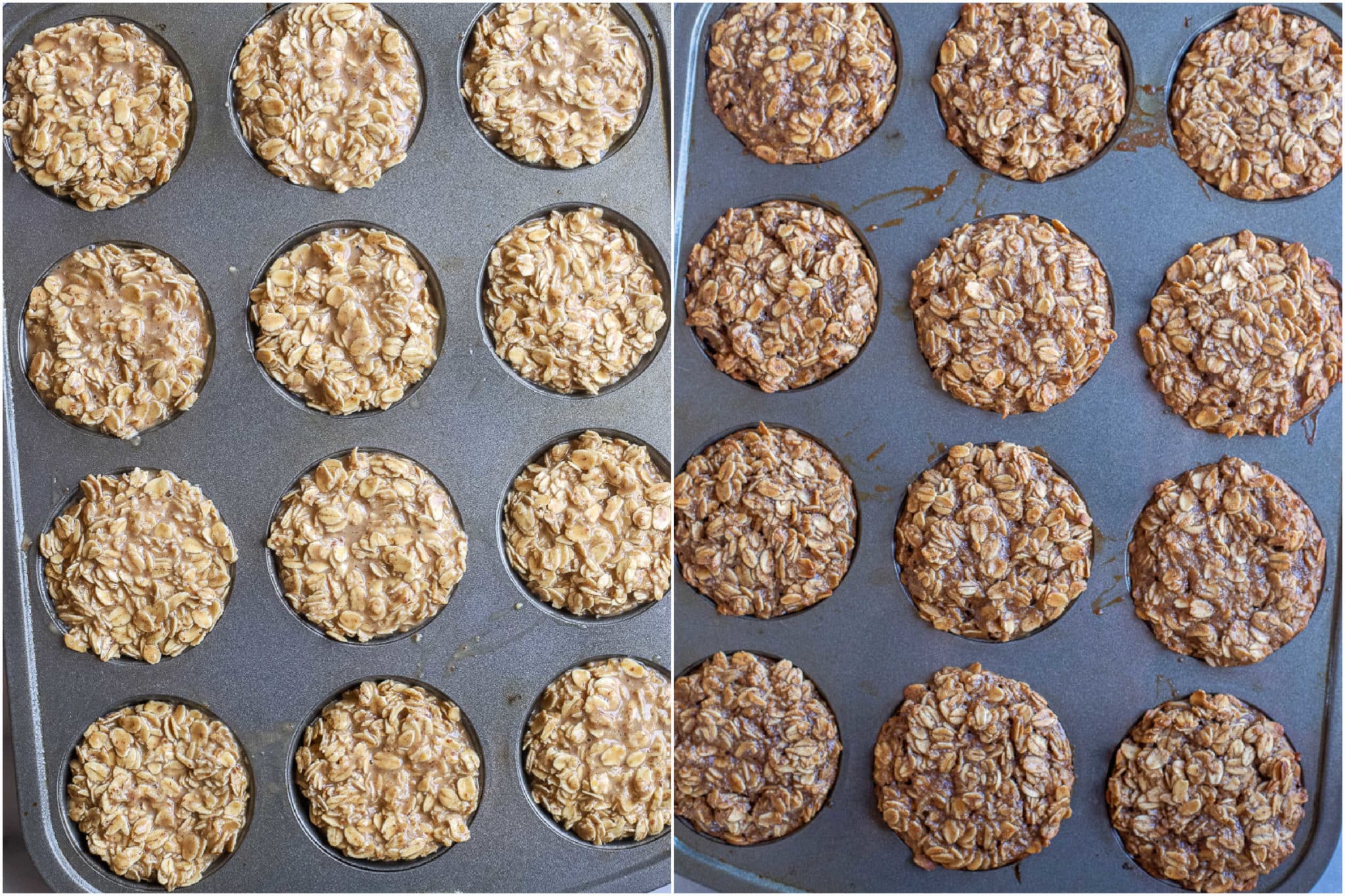baked oatmeal cups before and after they have been baked