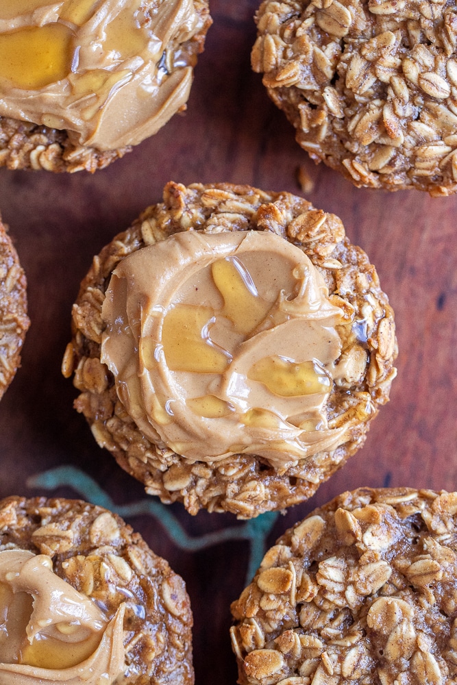 close up of a peanut butter and honey baked oatmeal muffins