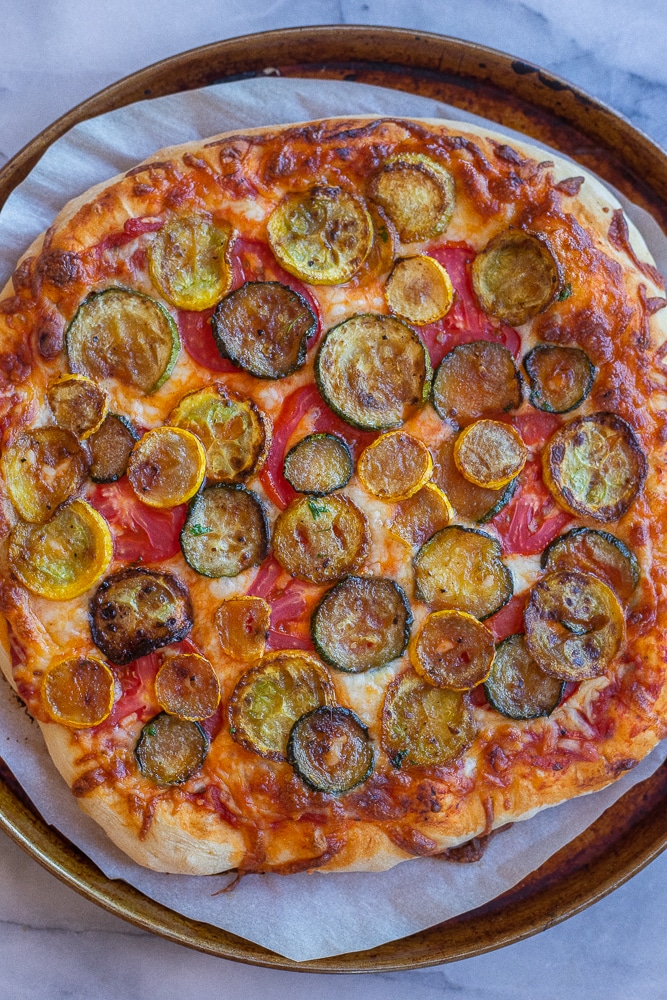 caramelized squash pizza out of the oven
