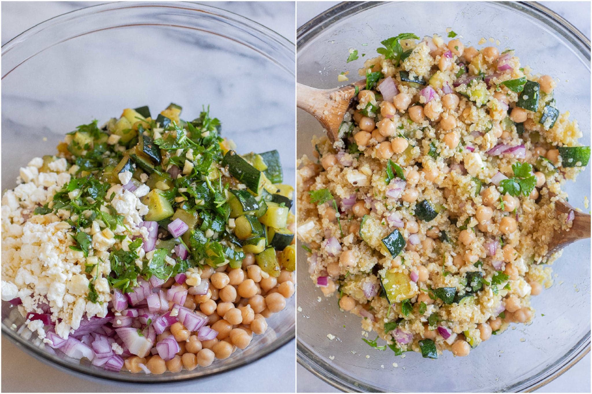 zucchini quinoa salad in a bowl mixed up with all the other ingredients