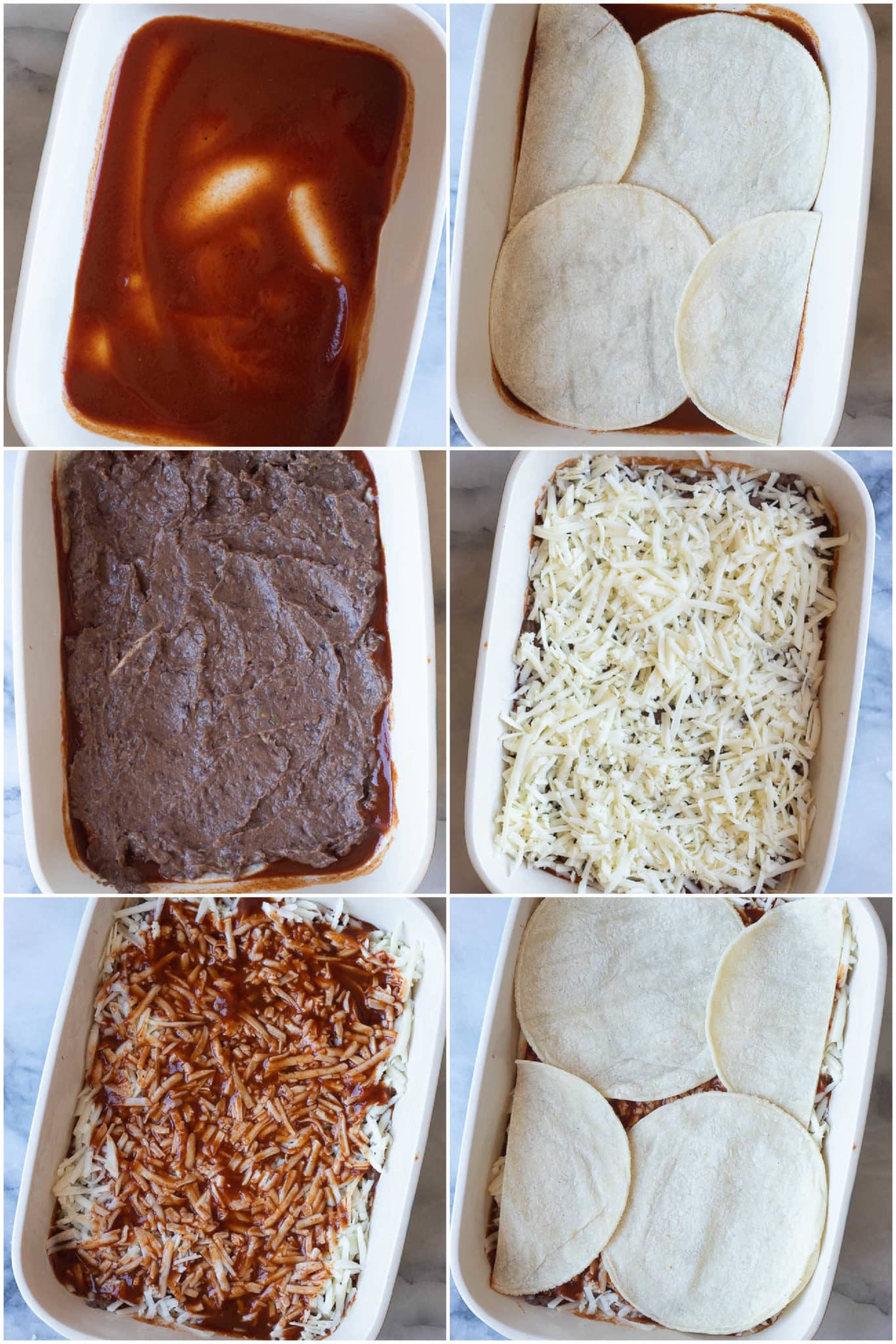 showing how to make a bean and cheese enchilada casserole by layering all the ingredients in a baking dish